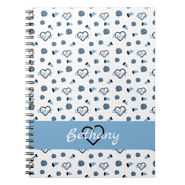 Powder Blue Cheer Hearts, Pom Poms, Megaphon Notizblock (Vorderseite)