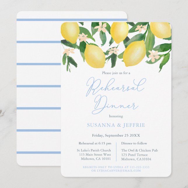 Powder Blue Citrus Lemons Hochzeit Probe Dinner Einladung (Vorne/Hinten)