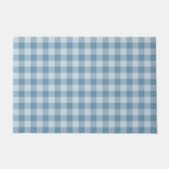 Powder  Blue Gingham Buffalo Check Linen Texture Fußmatte (Vorderseite)