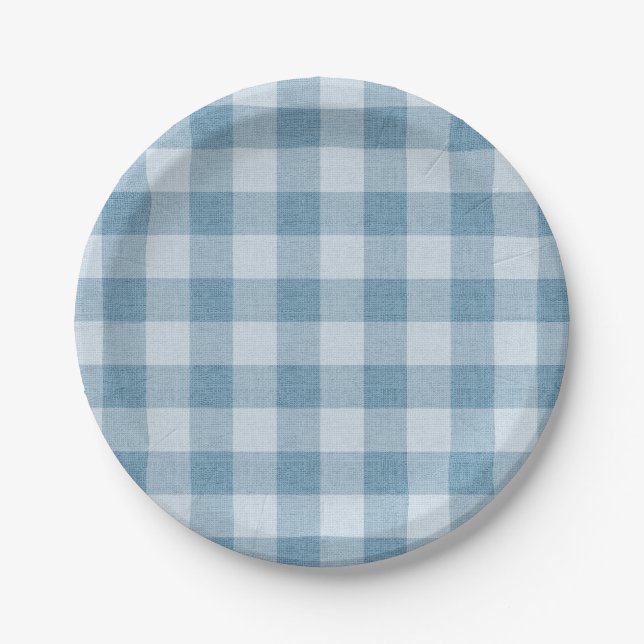 Powder Blue Gingham Buffalo Check Linen Texture Pappteller (Vorderseite)