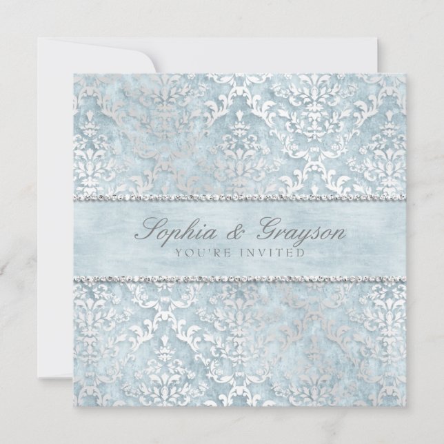 Powder Blue Glimmer Damask Einladung (Vorderseite)