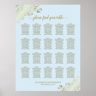 Powder Blue & Gold 20 Table Wedding Seating Chart Poster