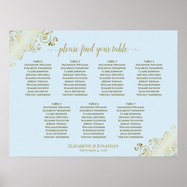 Powder Blue & Gold 7 Table Wedding Chart Poster (Vorne)