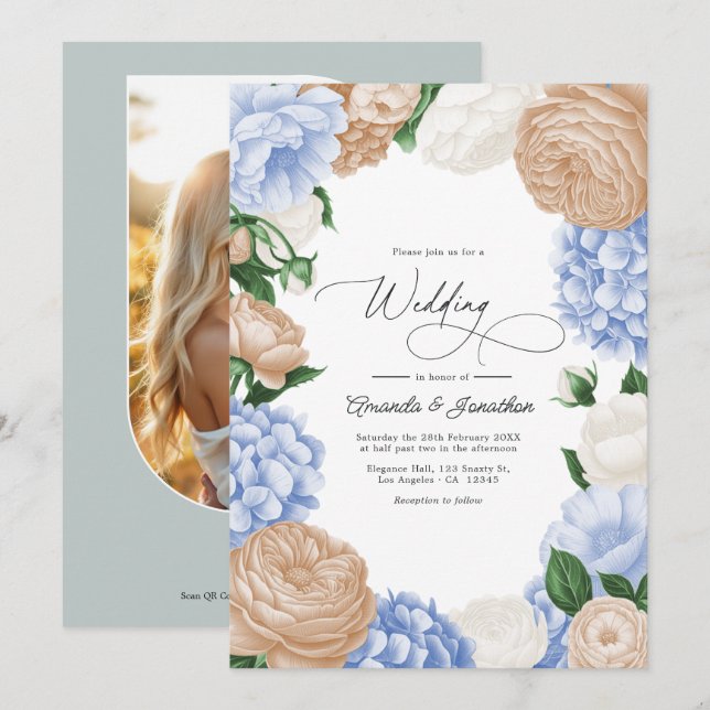 Powder Blue, Sand Beige & White Floral Wedding Einladung (Vorne/Hinten)