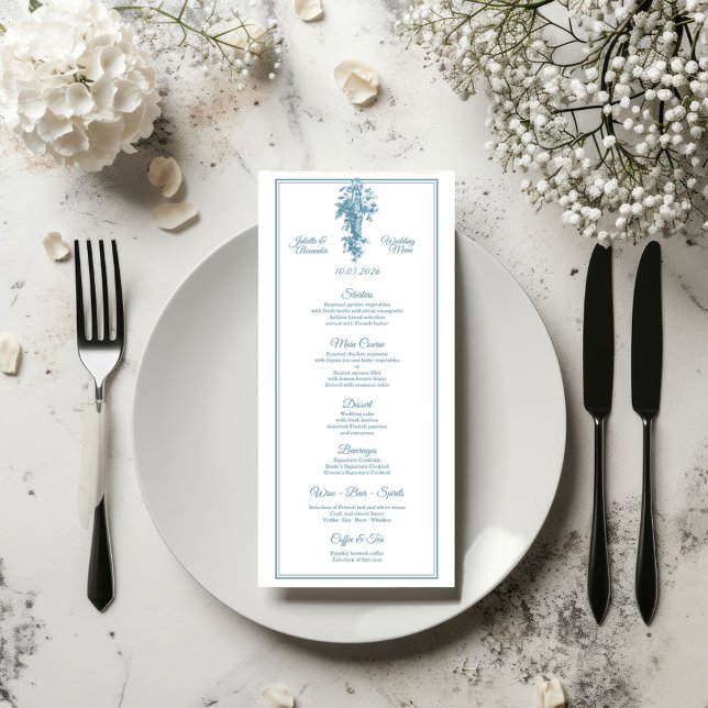 Powder Blue Toile de Jouy Wedding Menu Card (Créateur téléchargé)