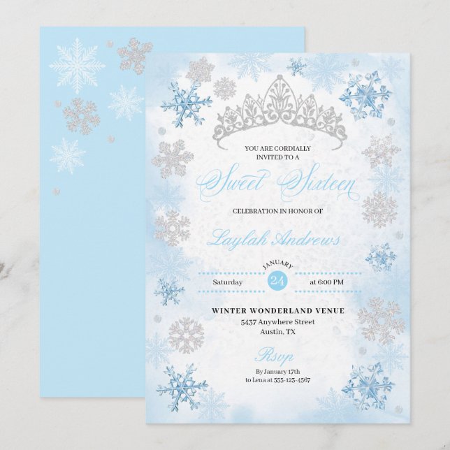 Powder Blue Winter Wonderland Snowflake Sweet 16 Einladung (Vorne/Hinten)