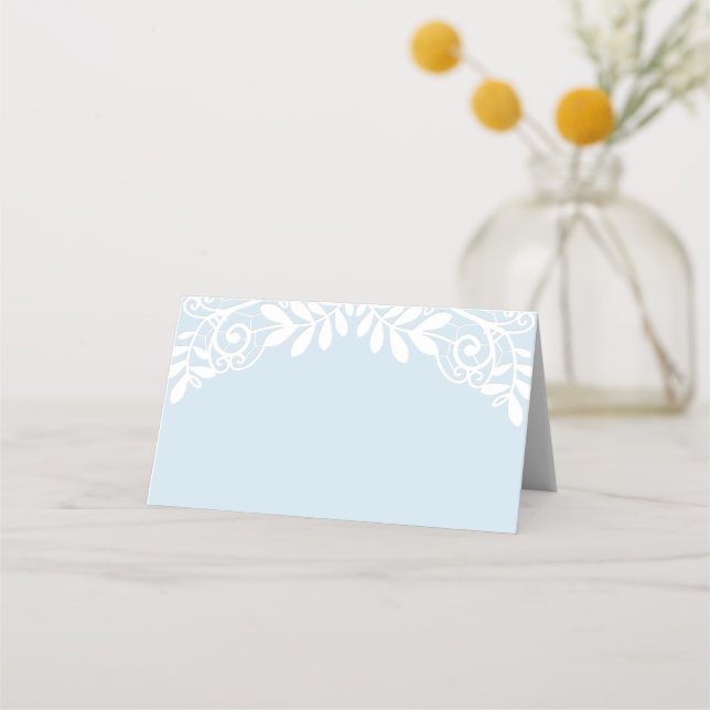 Power Blue White Lace Wedding Platzkarte (Vorderseite)