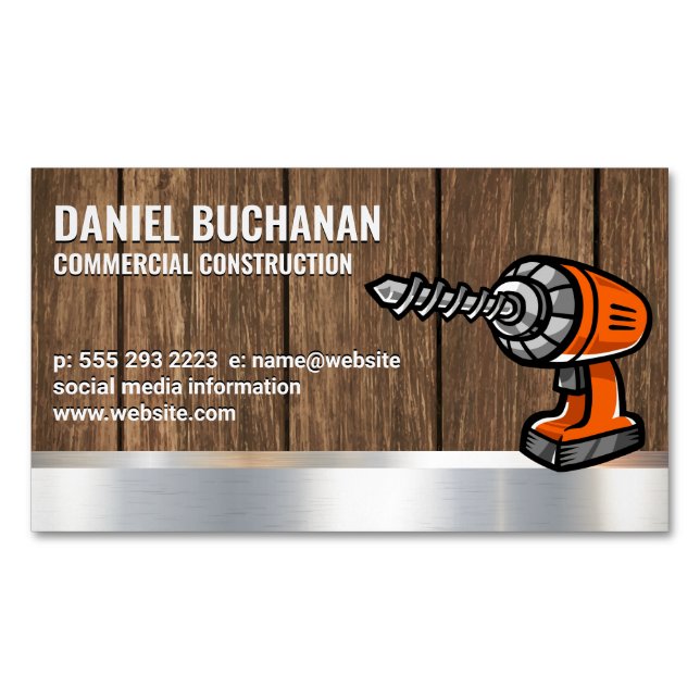 Power-Drill | Holz-Metallic-Hintergrund Magnetische Visitenkarte (Vorderseite)