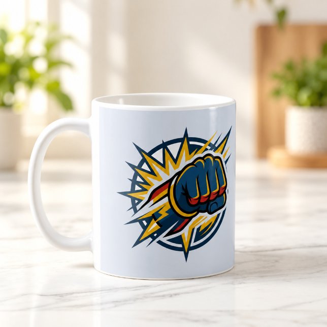 Power Fist Blitz-Emblem Heldentasse Kaffeetasse (Power Fist Lightning Emblem Hero Mug — digital mockup.)