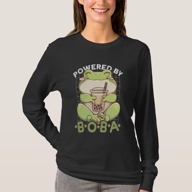 Powered by Boba Frog Kawaii Bubble Tea Anime Neko  T-Shirt (Vorderseite)