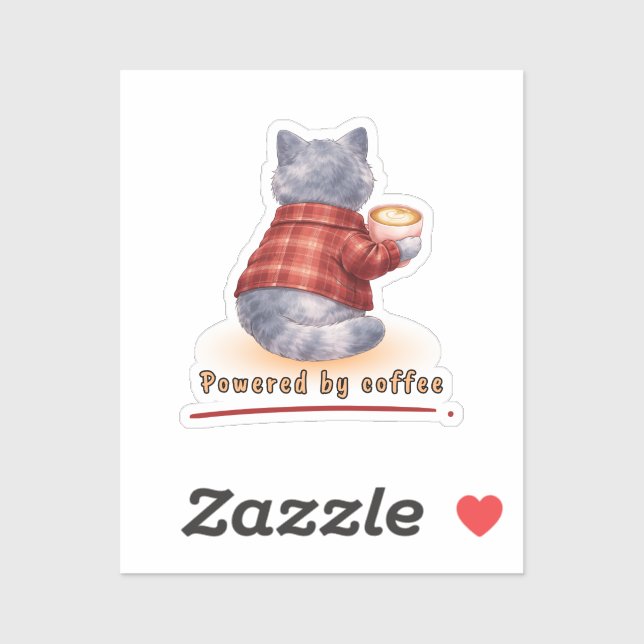 "Powered by Coffee" Cat Holding A Cup of Coffee Aufkleber (Blatt)