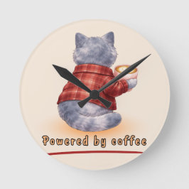 "Powered by Coffee" Katze hält eine Tasse Kaffee Runde Wanduhr