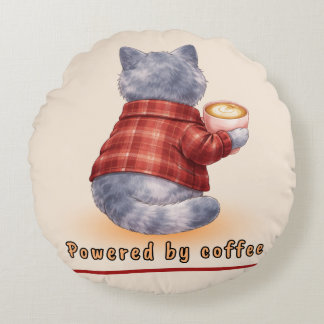 "Powered by Coffee" Katze hält eine Tasse Kaffee Rundes Kissen