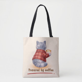 "Powered by Coffee" Katze hält eine Tasse Kaffee Tasche