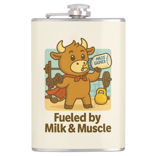 Powered by Milk & Muscle - Funny Bull Cartoon Flas Flachmann (Vorderseite)