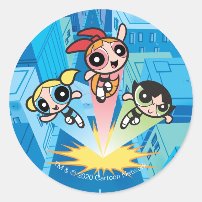 Powerpuff Girls starten in die Luft Runder Aufkleber (Vorderseite)
