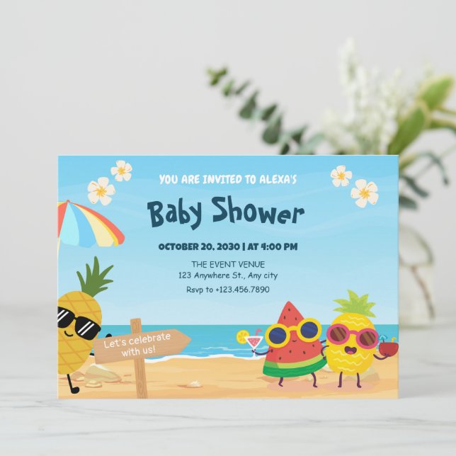 PPlayful summer beach cartoon fruit baby shower Einladung (Stehend Vorderseite)