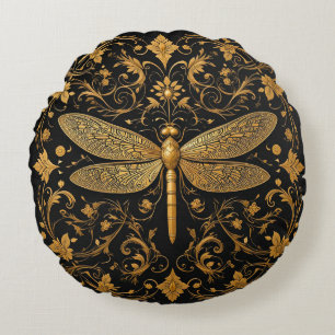 Prächtige Goldene Libelle mit floraler Kunst Rundes Kissen