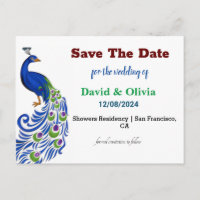 Prächtige Pfauen-Hochzeit Save The Date Postkarte