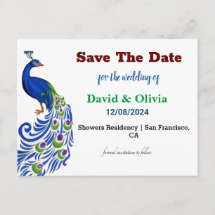 Prächtige Pfauen-Hochzeit Save The Date Postkarte