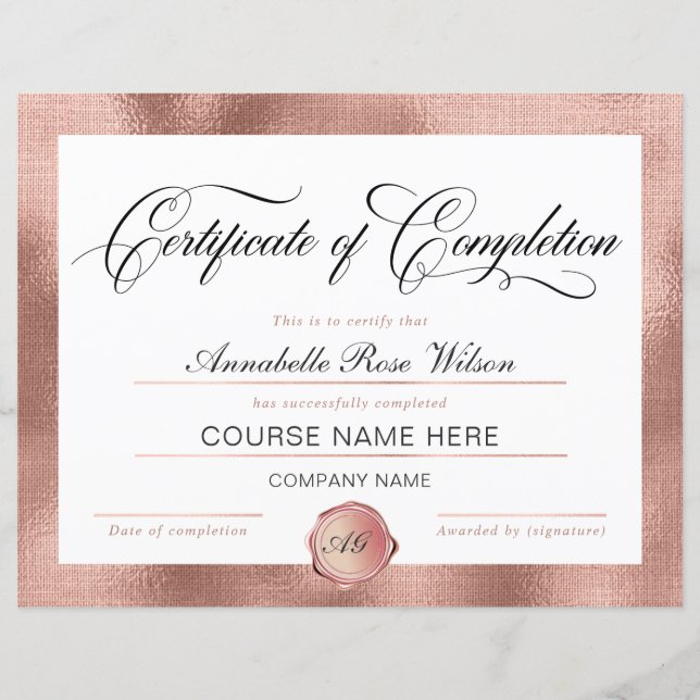 Prächtige Rose Gold Certificate of Completion Awar (Vorderseite)