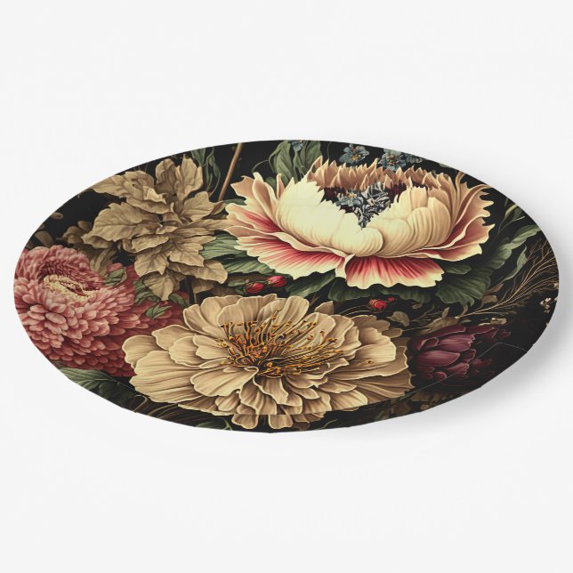 Prächtige Vintage Blumenordnung Pappteller (Schrägansicht)