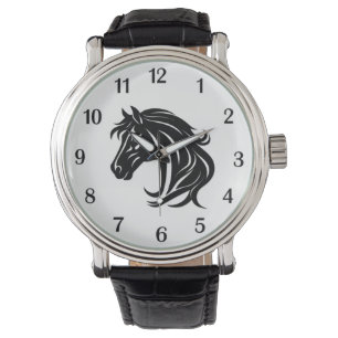 Prächtiger schwarzer Pferdekopf schwarze Zahlen Armbanduhr