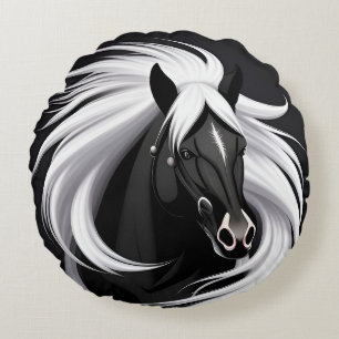 Prächtiges schwarzes Pferd Rundes Kissen