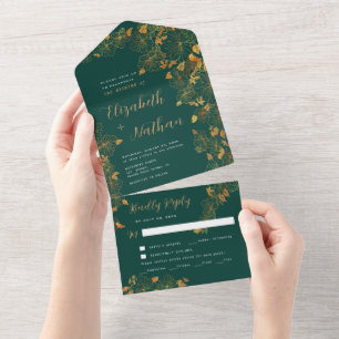 Prächtiges Smaragdgrün Gold Blumen Laubwerk All In One Einladung