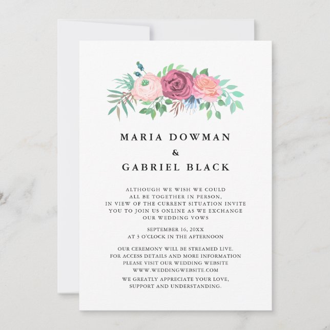 Prachtvolle Rose Typografie Virtual Wedding Zeremo Einladung (Vorderseite)