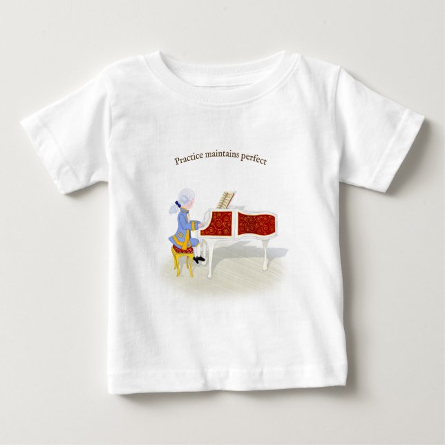 "Practice Maintains Perfect" Mozart Piano spielen Baby T-shirt (Vorderseite)