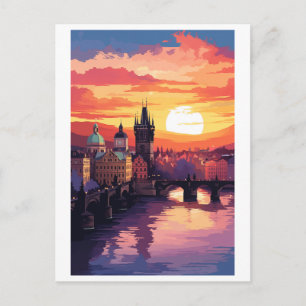 Prag Karlsbrücke Sonnenuntergang Vintage Reise Postkarte