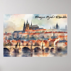 Prag Tschechien Wasserfarben Panoramaansicht Poster