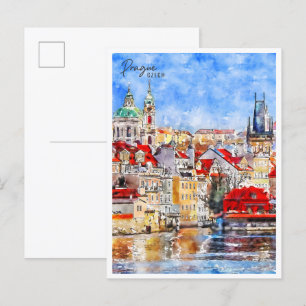 Prag Tschechisch Vintage-Reise Aquarell Postkarte