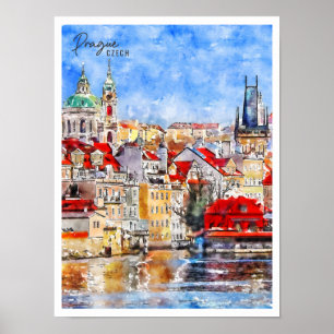 Prag Tschechisch Vintage-Reise Wasserfarbe Poster