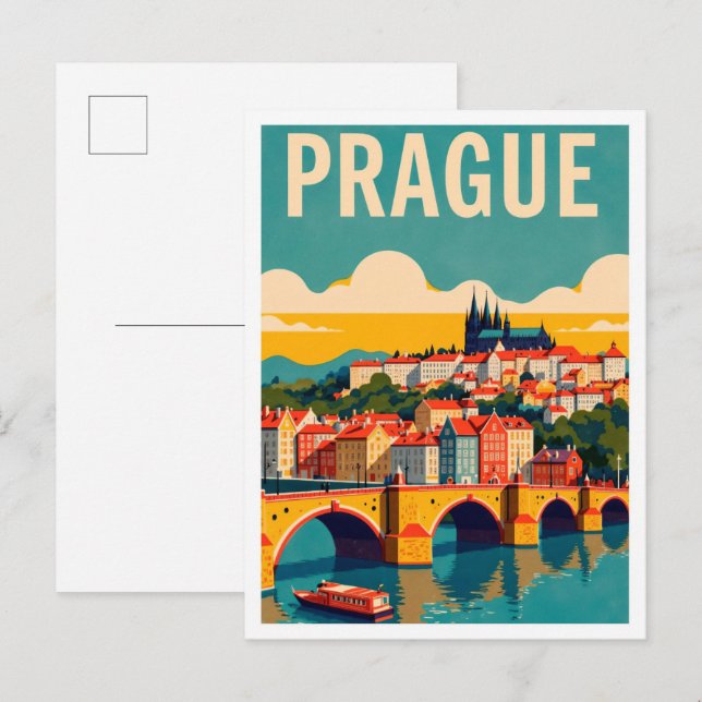 Prag Tschechische Kunst Vintage Illustration Postkarte (Vorne/Hinten)