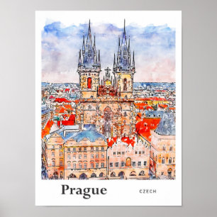 Prag Tschechische Reiseroute Wasserfarben Hand zei Poster