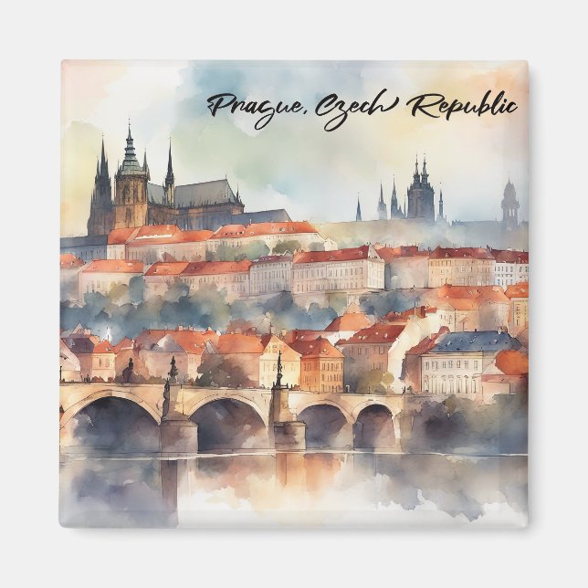 Prag Tschechische Republik Aquarellpanoramasicht Magnet (Vorne)