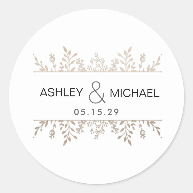 Prägante Rose Goldleafy-Rahmen-Hochzeitsticker Runder Aufkleber (Vorderseite)