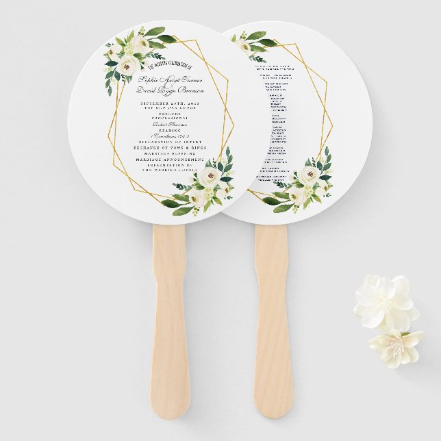 Prägantes White Floral Gold Rahmen Hochzeitsprogra Fächer (Vorne und Hinten)