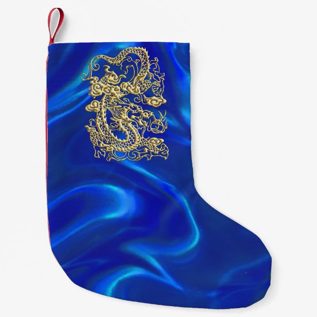 Prägeartiger Golddrache auf blauem Satin Kleiner Weihnachtsstrumpf (Vorderseite)
