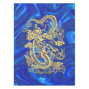 Prägeartiger Golddrache auf blauem Satin Tischdecke