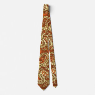 Prägeartiger Golddrache auf orange Satin-Druck Krawatte