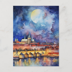 Prager Burg Karlsbrücke Nacht Wasserfarbe Postkarte