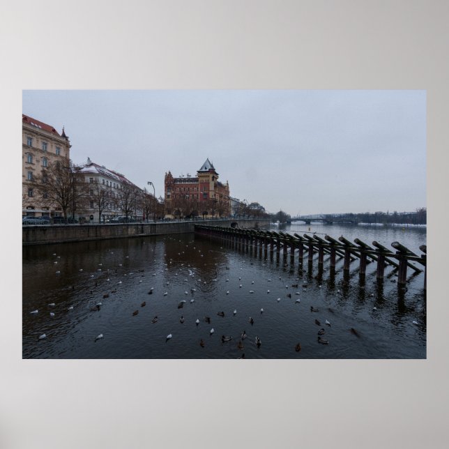 Prager Holzmauer am Fluss Moldau Poster (Vorne)