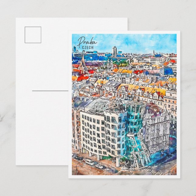 Praha Tschechisches Vintage Wasserfarbe Postkarte (Vorne/Hinten)