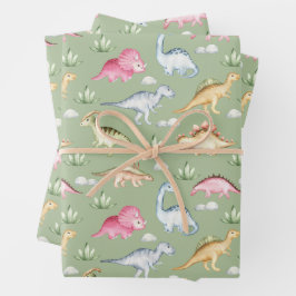 Prähistorische Dinosaurier und Pflanze grün Geschenkpapier Set