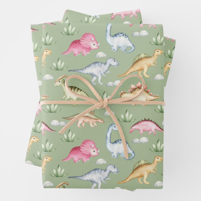 Prähistorische Dinosaurier und Pflanze grün Geschenkpapier Set (Beispiel)