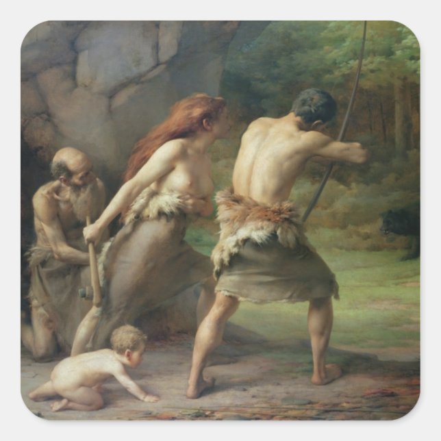 Prähistorischer Mann Jagd Bären, 1832 Quadratischer Aufkleber (Vorderseite)