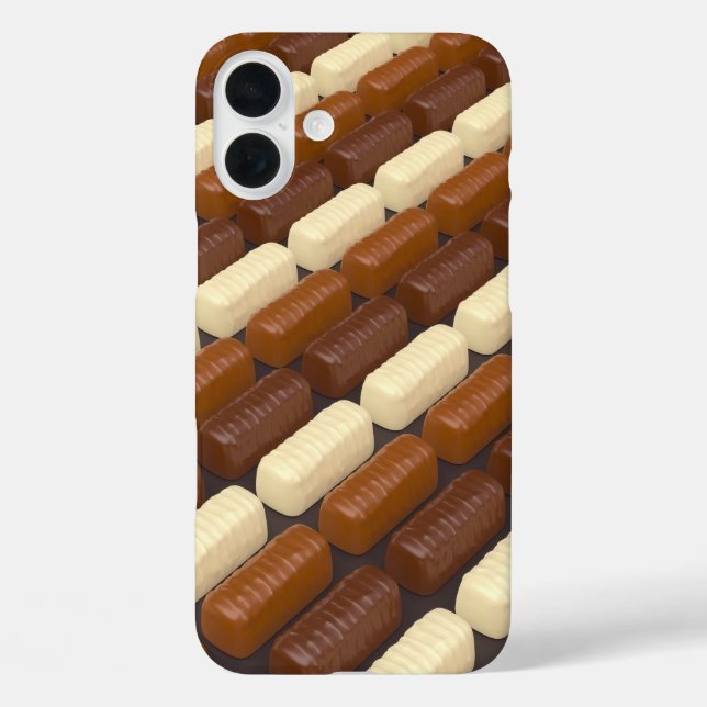 Pralinen aus dunklem, weißem und Milchschokolade iPhone 16 Plus Hülle (Rückseite)